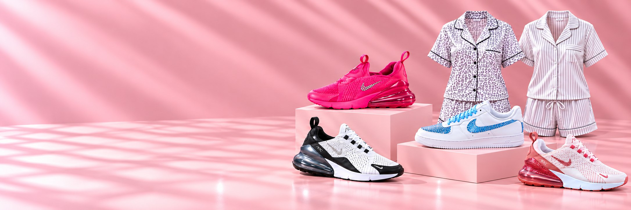 Perfect Buy attire collection featuring sneakers and women's pajama sets